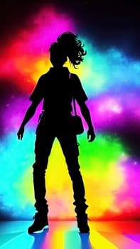 A vibrant night scene of girl illuminated in a rainbow of colors