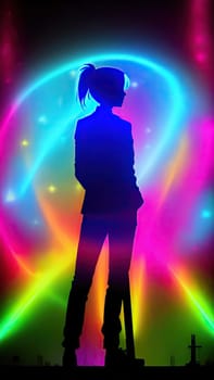 A vibrant night scene of girl illuminated in a rainbow of colors