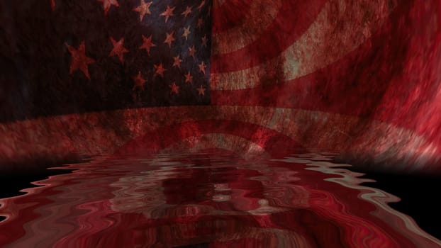 USA flag on grunge bloody background reflected in water,USA flag on grunge bloody background reflected in water
