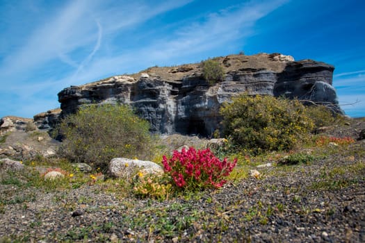 View on Stratified City (Antigua rofera de Teseguite), a natural tourist attraction on the Canary Island of Lanzarote, Spain.