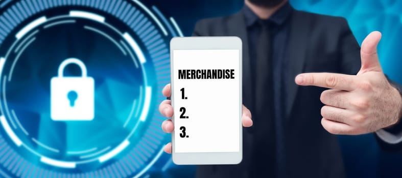 Writing displaying text Merchandise, Conceptual photo the commodities or goods that are bought and sold in business