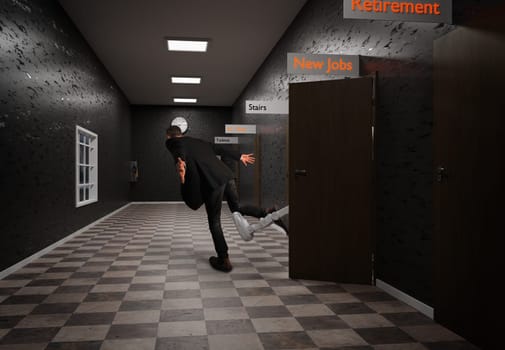 Robot employee at job center kicks job seeker out! High efficiency through artificial intelligence as a replacement for human workers.