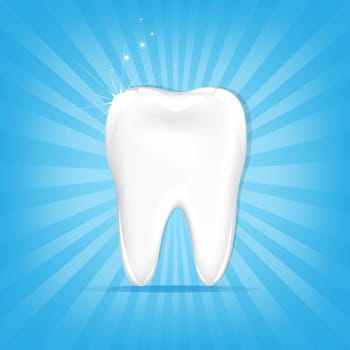 Tooth, On Blue Background With Beams And Stars, Vector Illustration