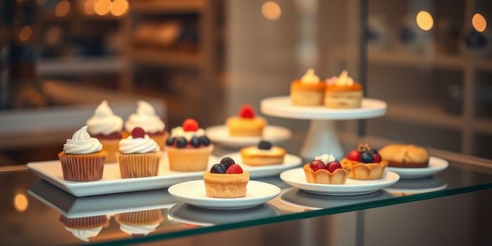 Glass display case with cakes in a confectionery store. High quality photo