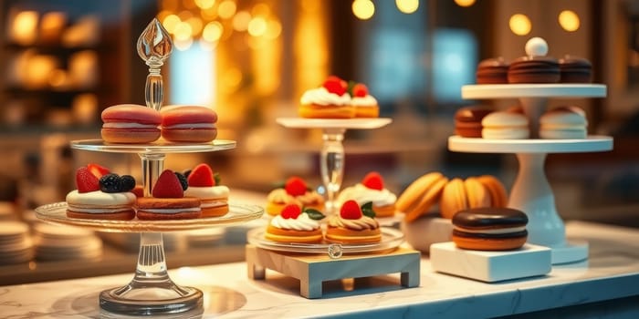 Glass display case with cakes in a confectionery store. High quality photo