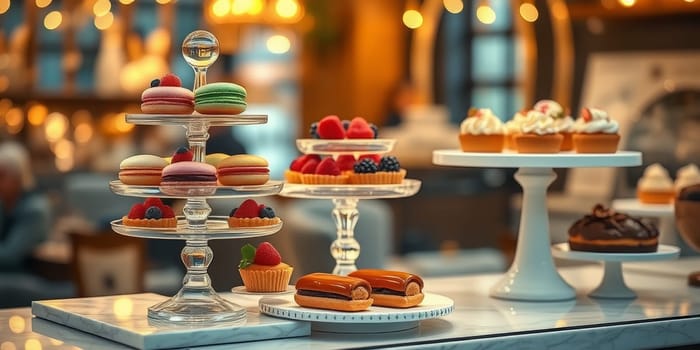 Glass display case with cakes in a confectionery store. High quality photo