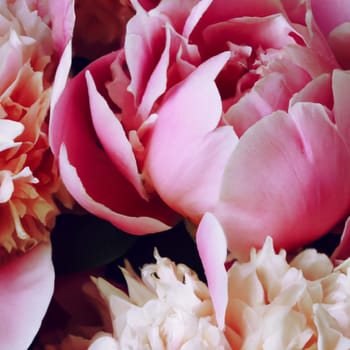 Beautiful pink peony flowers close up. Peony is a genus of herbaceous perennials and deciduous shrubs, tree-like peonies. Peony family Paeoniaceae, previously was assigned to Ranunculaceae family.