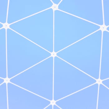 White lines and connected dots on a blue background. Chemical structure of a molecule or substance. Physical condition. Interaction concept. Abstract pattern.