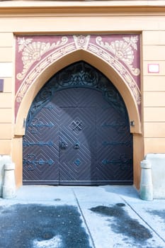 Traditional wooden door in the town, Slovakia, Europe