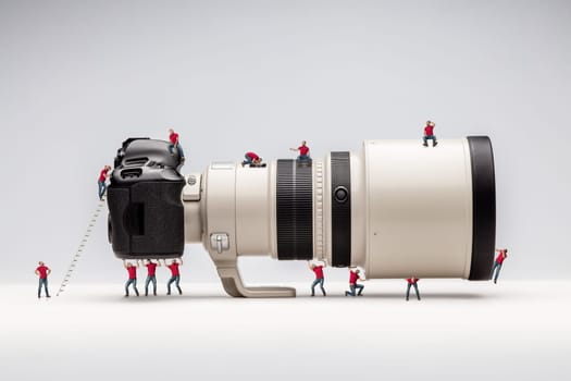 Miniature man woking with camera. Macro photo. the concept of work of a professional photographer