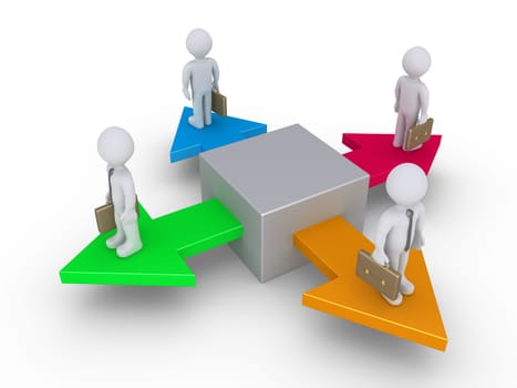 Four businessmen are standing on arrows pointing at different directions