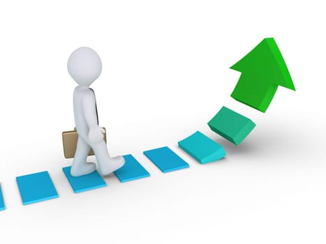 Businessman is walking on steps of a rising arrow path