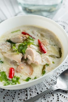 Coconut milk with chicken. Traditional thai soup "Tom Kha Gai"""