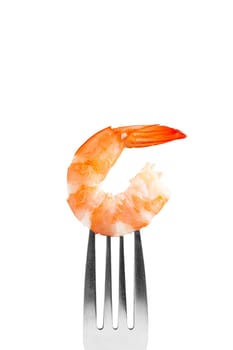 steamed shrimp on a fork, isolated on white background