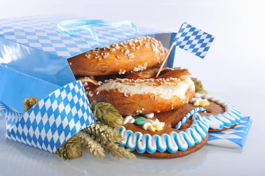 Bavarian Oktoberfest paper tote bag with gingerbread heart,breze,hops and wheat