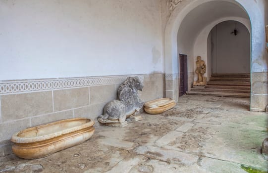 Abadia, Spain - March 5th, 2023: Sotofermoso Palace Mudejar-style courtyard. Abadia, Caceres, Spain