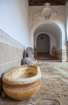 Abadia, Spain - March 5th, 2023: Sotofermoso Palace Mudejar-style courtyard. Abadia, Caceres, Spain