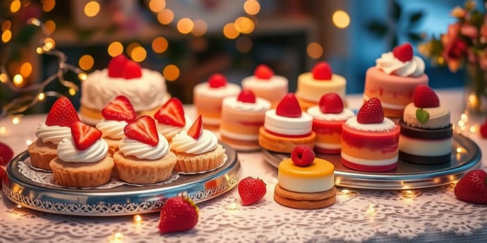 Glass display case with cakes in a confectionery store. High quality photo