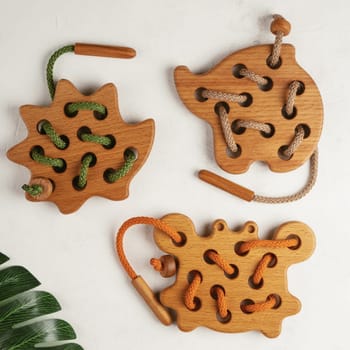 Natural wooden toys of different forms with holes for educating lacing with green, beige and orange cords with artificial piece of plant on white background. Flat lay, square frame, instagram use.