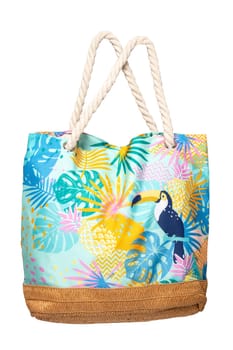 Colorful beach bag isolated on a white background. Clipping path. Summer holidays, vacation and travel concept. Beach handbag for travel.