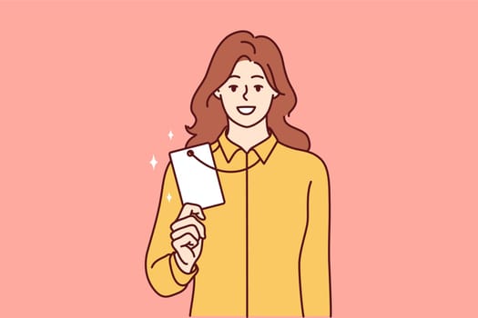 Successful woman demonstrates badge or ID card hanging around neck and giving access to restricted office space. Girl office worker with corporate designed to identify corporation employees