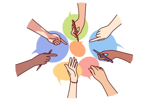 Hands of diverse people near dialogue clouds metaphor for collective communication in instant messengers or chats. Coworking and collaboration in teamwork for brainstorming and searching for ideas