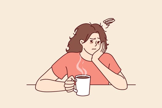 Tired woman with sad face drinks hot coffee and does not want to go to work due to lack of sleep. Upset girl is sitting at table with mug of coffee on Monday morning and is sad because weekend is over