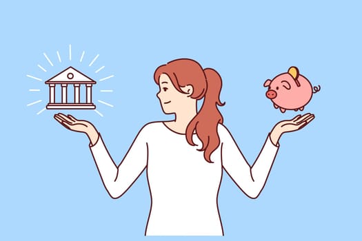 Woman chooses between bank deposit and saving money in piggy bank while planning budget. Financially literate girl makes difficult decision choosing place to save money or invest capital