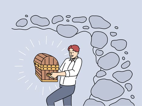 Smiling businessman with chest in hands excited with finding treasure. Happy man with wooden case or box overjoyed with treasury. Vector illustration.