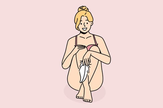Smiling woman in underwear touching legs with soft feather. Happy girl with feather. Epilation and hair removal. Vector illustration.