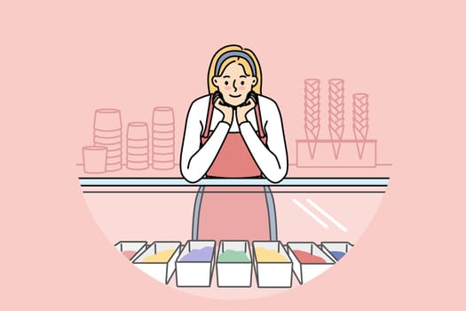 Smiling saleswoman standing near counter in ice cream shop. Happy female business owner selling gelato in cafe. Vector illustration.