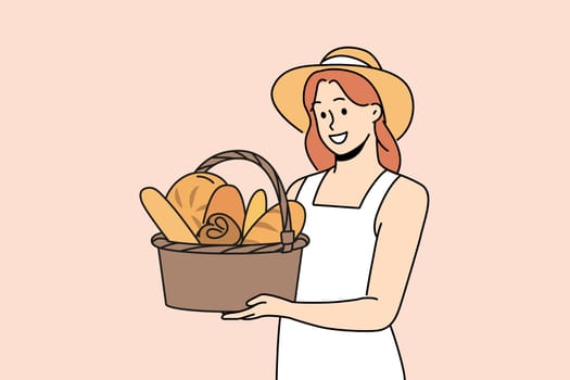 Smiling woman in straw hat holding basket with bread. Happy girl holding fresh pastry in hands. Bakery and bake shop concept. Vector illustration.