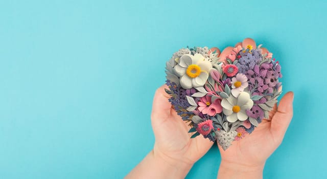 Hands holding human heart with flowers, love and emotion concept, good hearted person, help and charity, generative AI used for heart