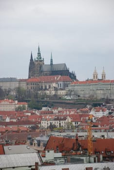 Vertical aerial view of the historic buildings and the castle in Prague, Czech Republic