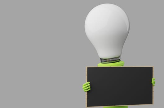 A light bulb with an empty blackboard and space for your text on a grey background, 3d rendering