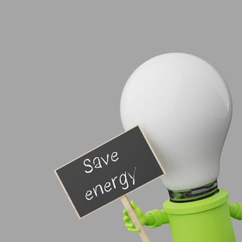 A light bulb with a blackboard and the inscription Save energy on a grey background, 3d rendering