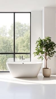 Scandinavian style bathroom interior in light colors. The bathtub is located near the window. High quality photo