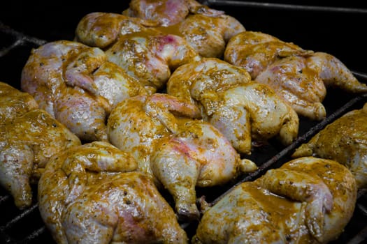 Close-up shot of roast chicken on a barbeque grill with dark background