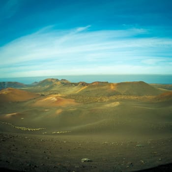 View on the volcanic landscape of Timanfaya National Park on the Canary Island of Lanzarote in Spain. Beauty in nature.