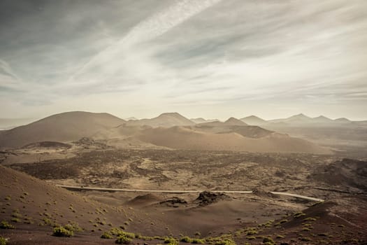 View on the volcanic landscape of Timanfaya National Park on the Canary Island of Lanzarote in Spain. Beauty in nature.