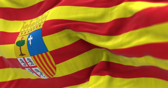 The Aragon flag waving. Aragon is an autonomous community in northeastern Spain. Selective focus. 3d illustration render. Close-up. Textured background