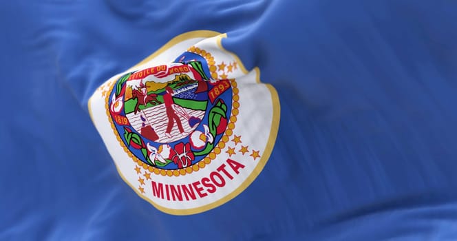 Minnesota state flag waving. Blue field with the state seal. The seal has a farmer plowing and an Indian riding to the sun. Rippled fabric. 3d illustration render. Close-up. Selective focus