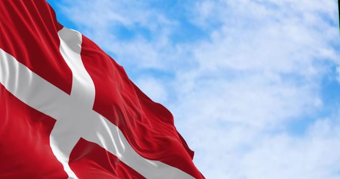 Denmark national flag waving in the wind on a clear day. The Kingdom of Denmark is a Nordic country in Northern Europe. Fluttering fabric. 3d illustration render