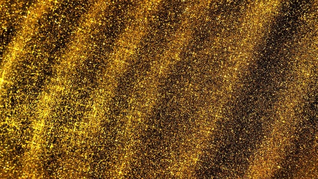 Bokeh light of gold glitters. Golden glitter texture background. Sparkling glitter wrapping paper with sequins and sparkles. Festive golden bokeh and glitter. Diagonal stripes and waves.