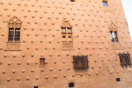 One of the facades of the Casa de las Conchas building in Salamanca (Spain).