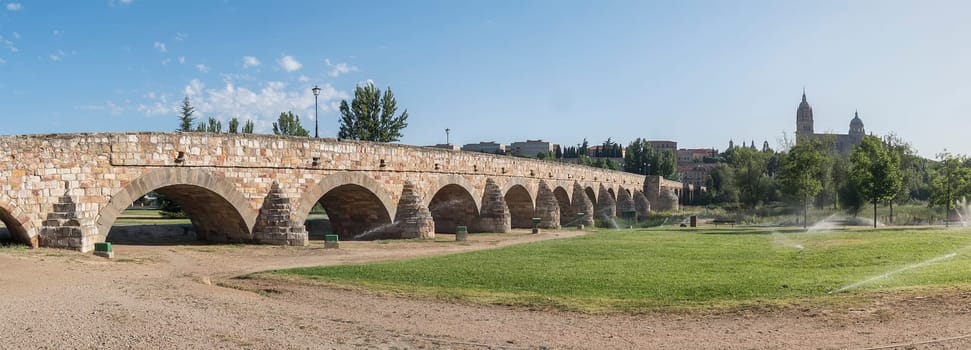 Roman bridge over the Tormes river and in the background the cathedral of Salamanca (Spain).