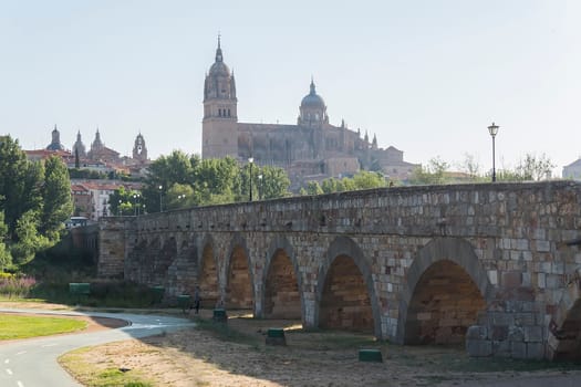 Roman bridge over the Tormes river and in the background the cathedral of Salamanca (Spain).