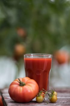 Fresh red tomato juice, on a wooden background