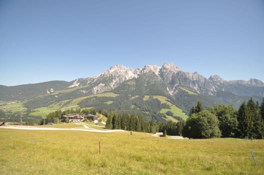 Scenic view of an alpine meadow and Leoganger Steinberge mountains. Steinernes Meer,Salzburg,Austria