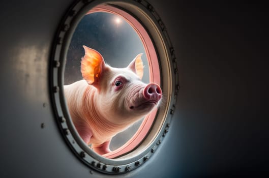 Pig in space looking out of the window of a space ship. Generative AI